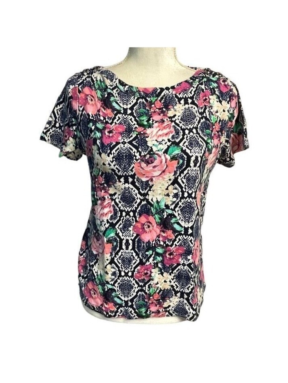 Rafaella Womens Floral Snakeskin Print Cotton Short Sleeve Button Shoulder Top L